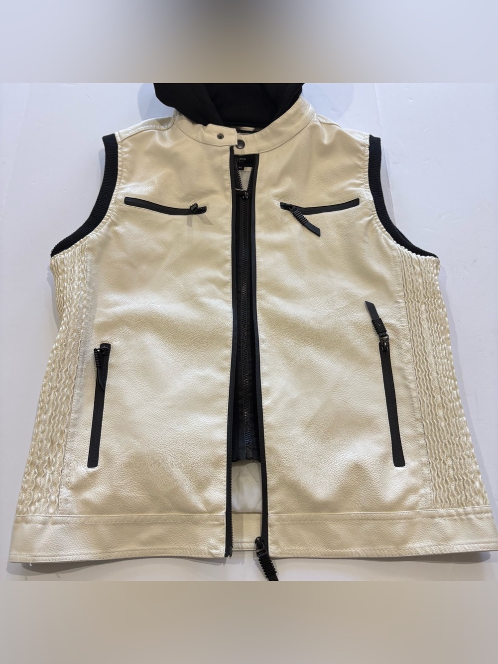 Fried Denim Men's Retro Faux Leather Vest Jacket Hoodie White Ivory Black Size M